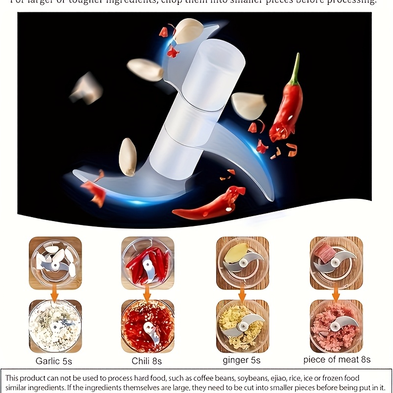 powerful electric garlic crusher vegetable chopper with usb   compact food processor for garlic ginger meat vegetables lightweight kitchen appliance with lithium battery easy clean blades ideal for home office small kitchens   meal prep commercial use garlic mincer culinary accessory   clear chopping container Product details 6