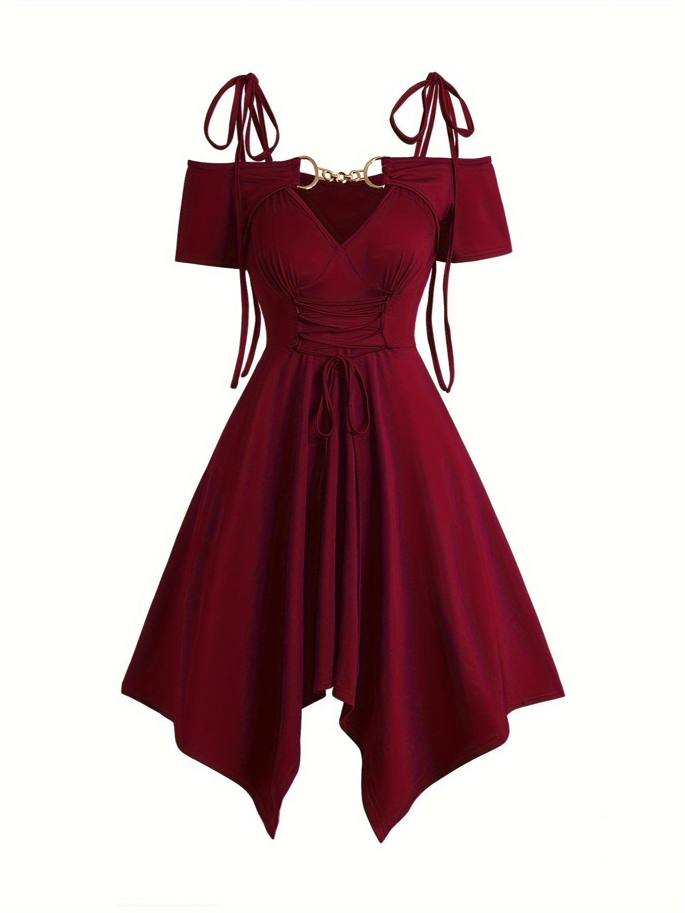Cold Shoulder Lace-Up Asymmetric Dress Tie Knot Shoulder Chain Solid Color  Short Sleeve Dress