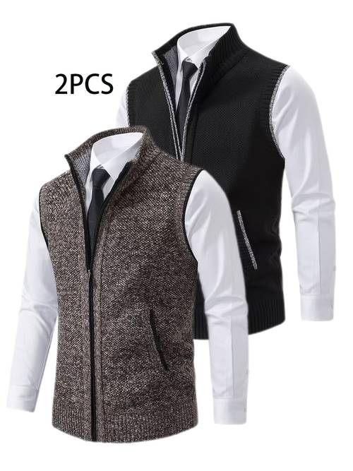 item picture 2pcs spring autumn style sweater knit vest zipper cardigan with real pockets solid color unisex vest