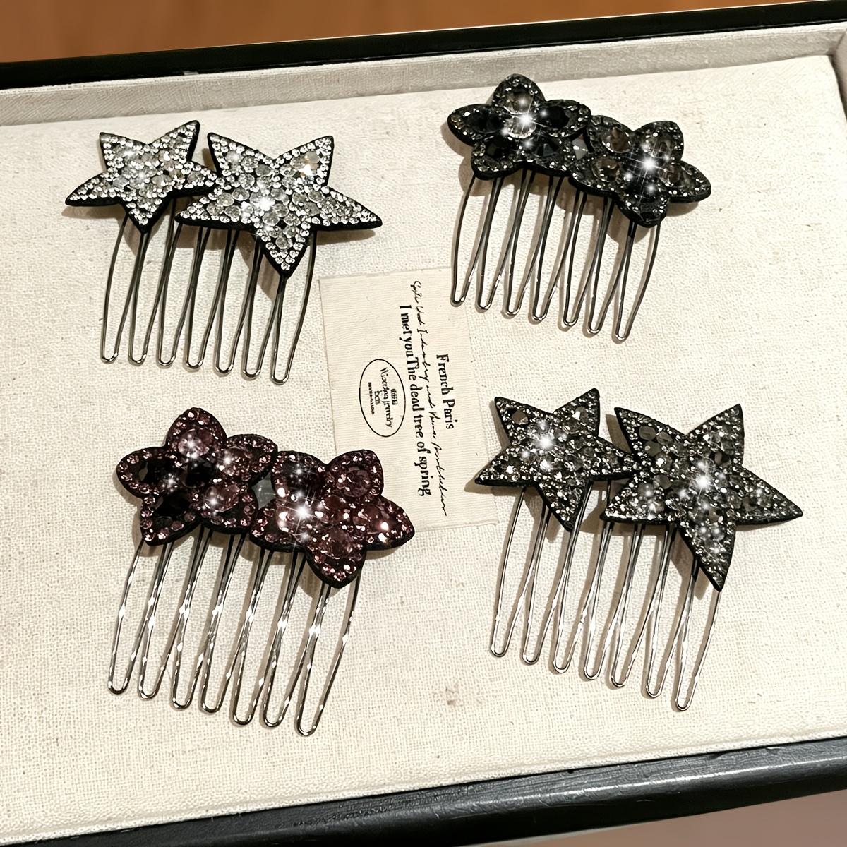 TEMU 4pcs Rhinestone Star And Double Flower U-shaped Hair Comb Set, Luxurious Sparkly Decorative Hair Pins For Women' Use, Dating, Party, And Wedding