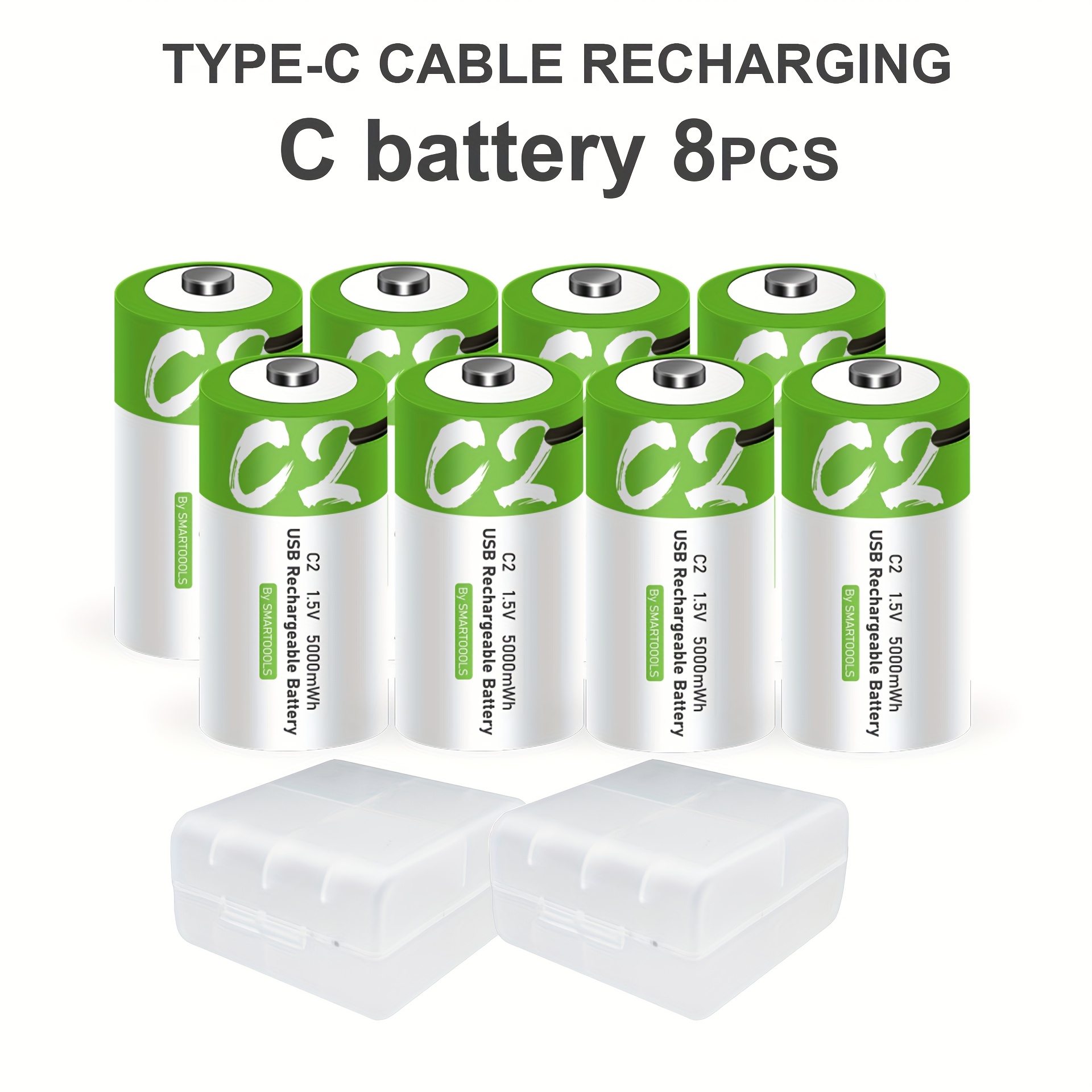 TEMU 8 stuks C-batterijen, Ultra-Duurzame C-lithium Oplaadbare Batterij, Hoge Capaciteit 1.5V 3300mAh 5000mWh, Snel opladen in 2,5 uur, 1200 cycli