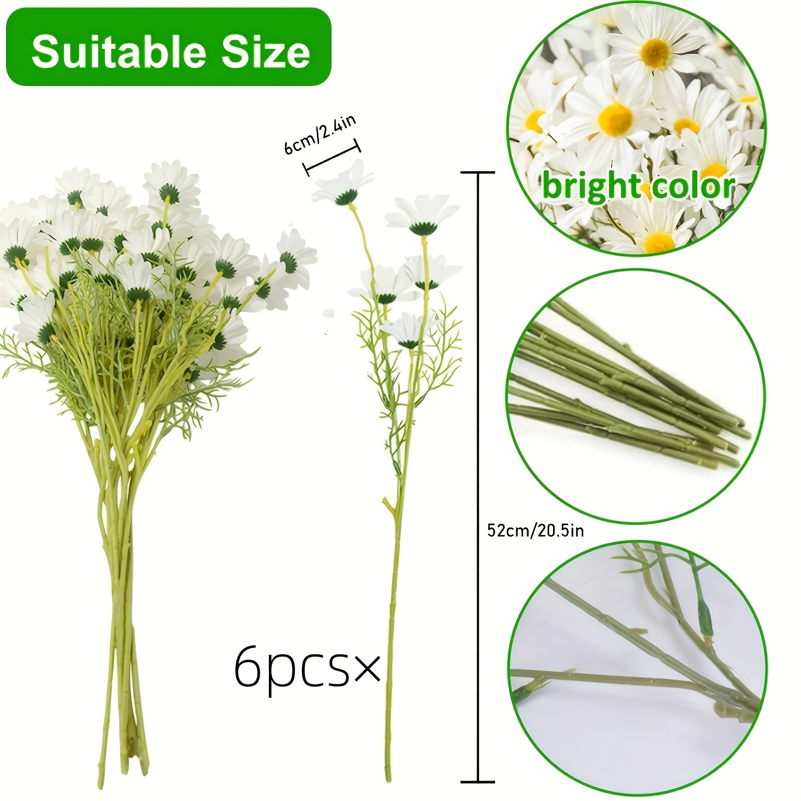 Image of 6 Bunches Of 20-inch White Artificial Daisy Flowers, Uv-resistant, Beautiful Daisy Flowers Suitable For Decorating Your Courtyard, Living Room, Vases, Porch And Balcony, More Charm To Your Home