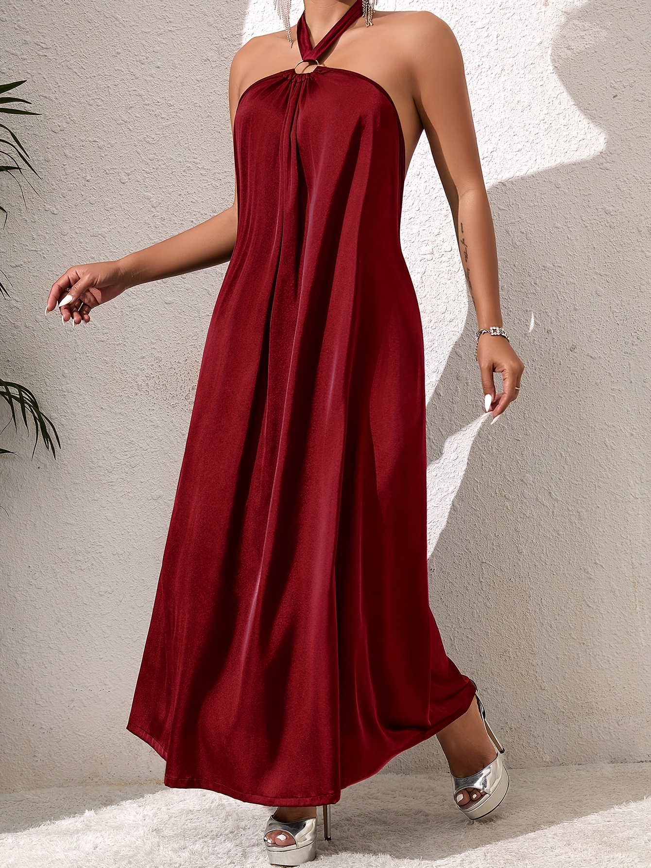 summer dress a halter neck solid color satin a line loose - Temu Mauritius