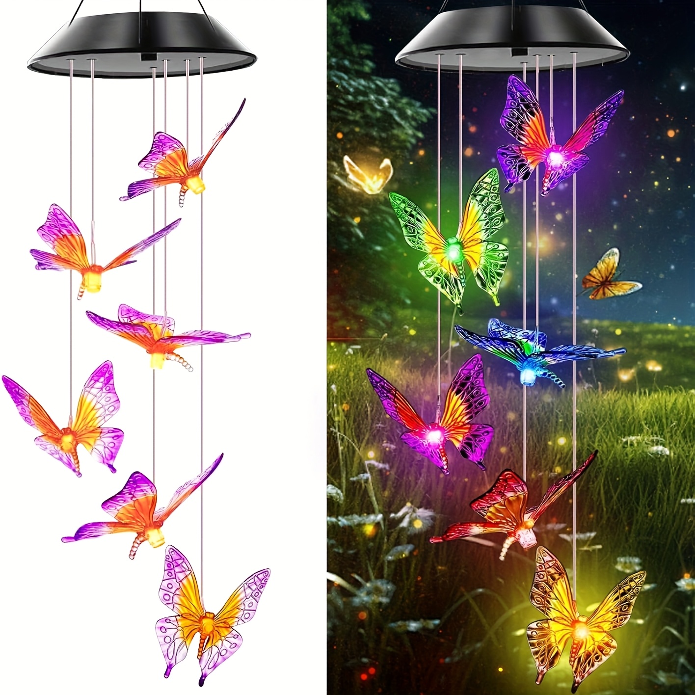 Luces de carrillón de viento con energía solar con diseños de mariposas moradas y amarillas, que incluyen iluminación LED exterior que cambia de color para fines decorativos de paisajismo. Estas lámparas solares de jardín y luces colgantes son regalos perfectos para madres y esposas.