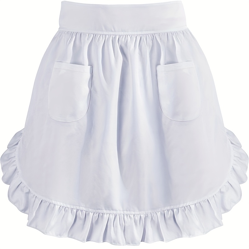 Image of Women's Ruffle Waistband Half Apron With 2 Pockets, Vintage Style Chef Attire, Suitable For Restaurant And Café Cooking, Halloween And Christmas Maid Role Play