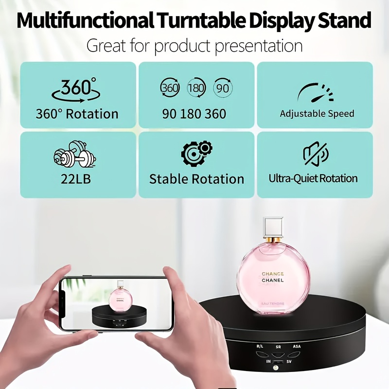 electric rotating   stand with 360 turntable   adjustable   high medium low usb battery powered   source usb compatible aaa battery operated for jewelry display photo   office decor durable plastic construction ideal for watch ring necklace presentation sleek aesthetic design     Product details 1