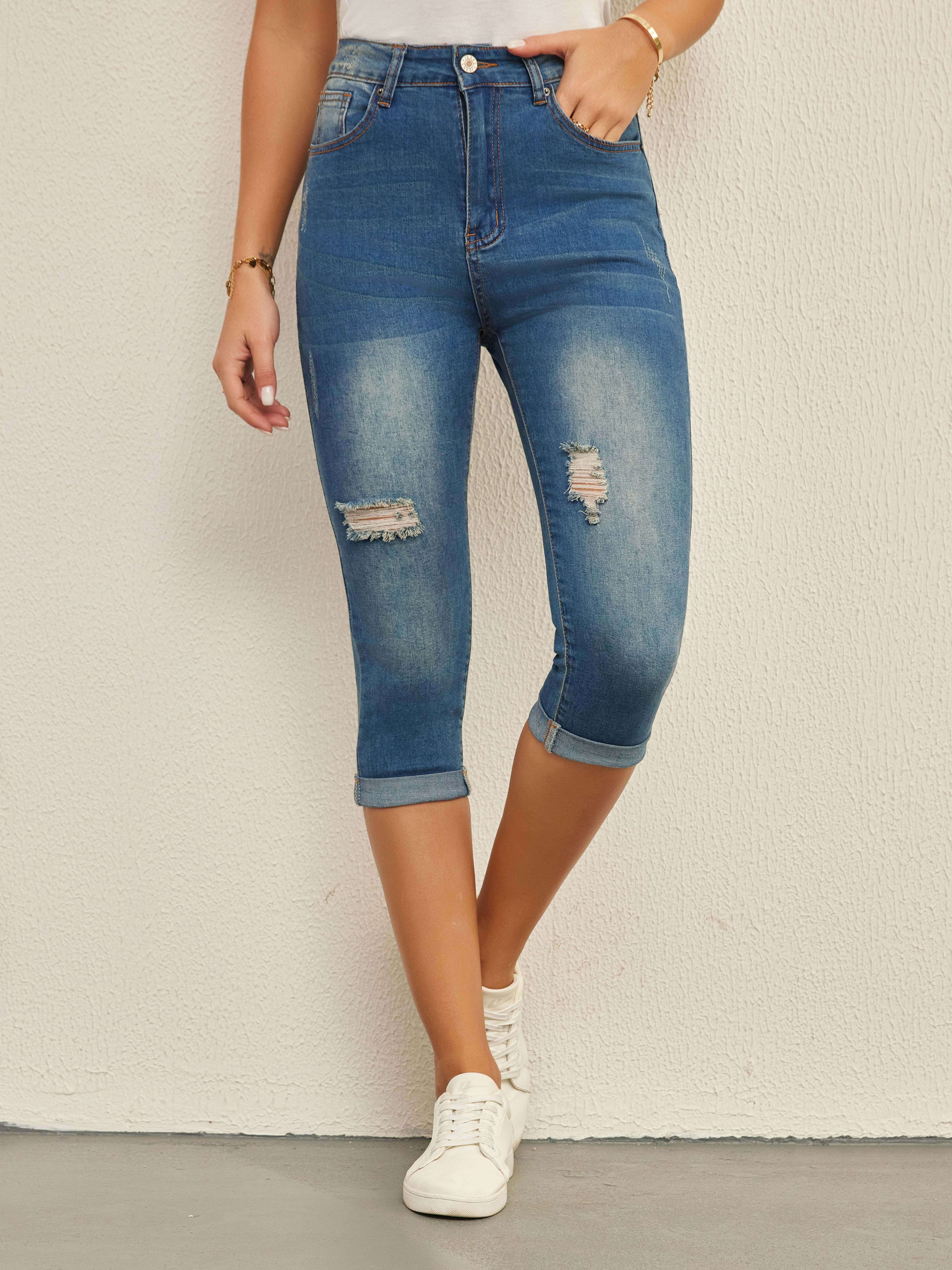 Ripped Jeans Women's Rolled Up Skinny Jeans Ripped Holes