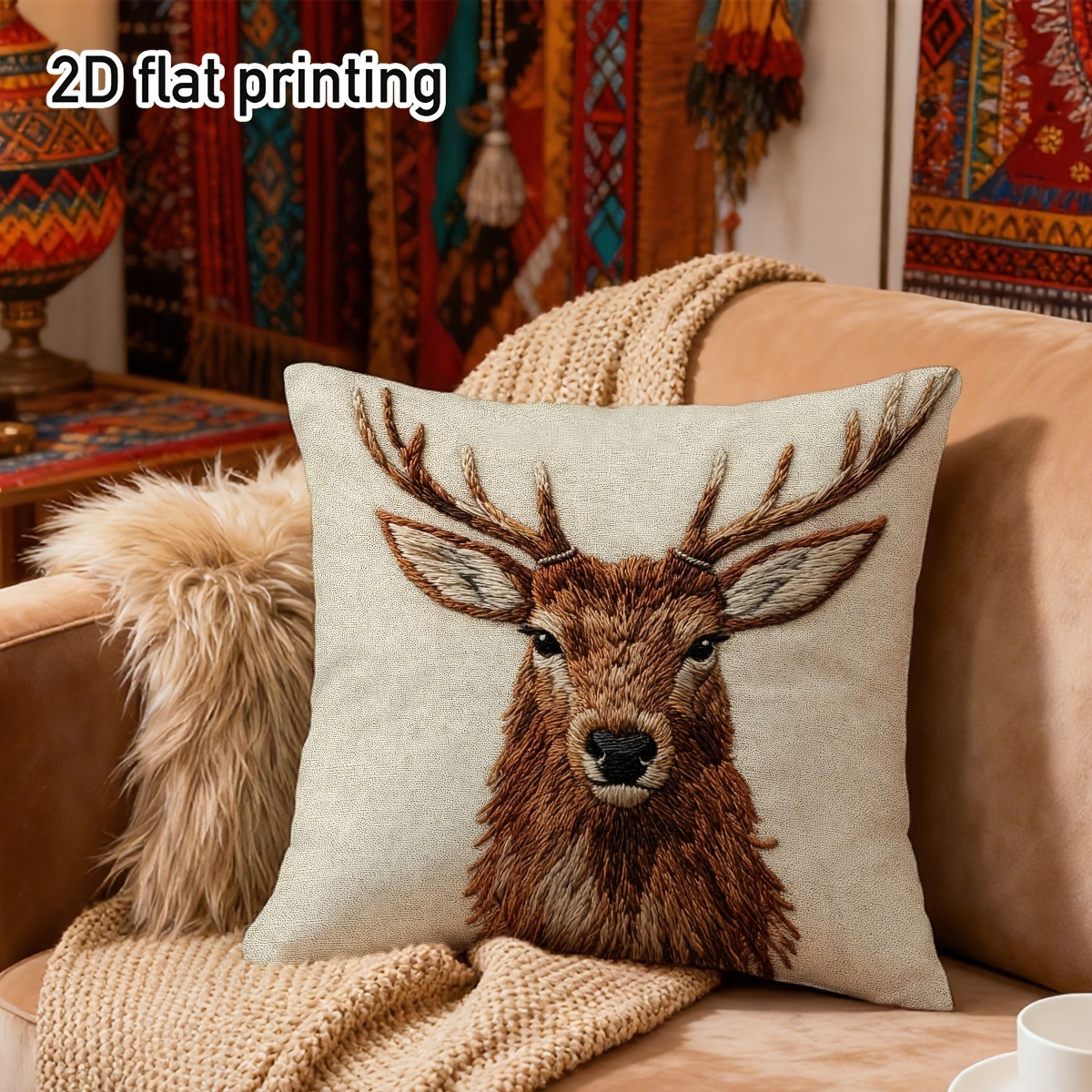 TEMU 1pc Short Plush Printed Cushion Cover Featuring A Fawn With Single-sided Print And Brown Antler Pattern. Machine Washable With Zipper Closure,