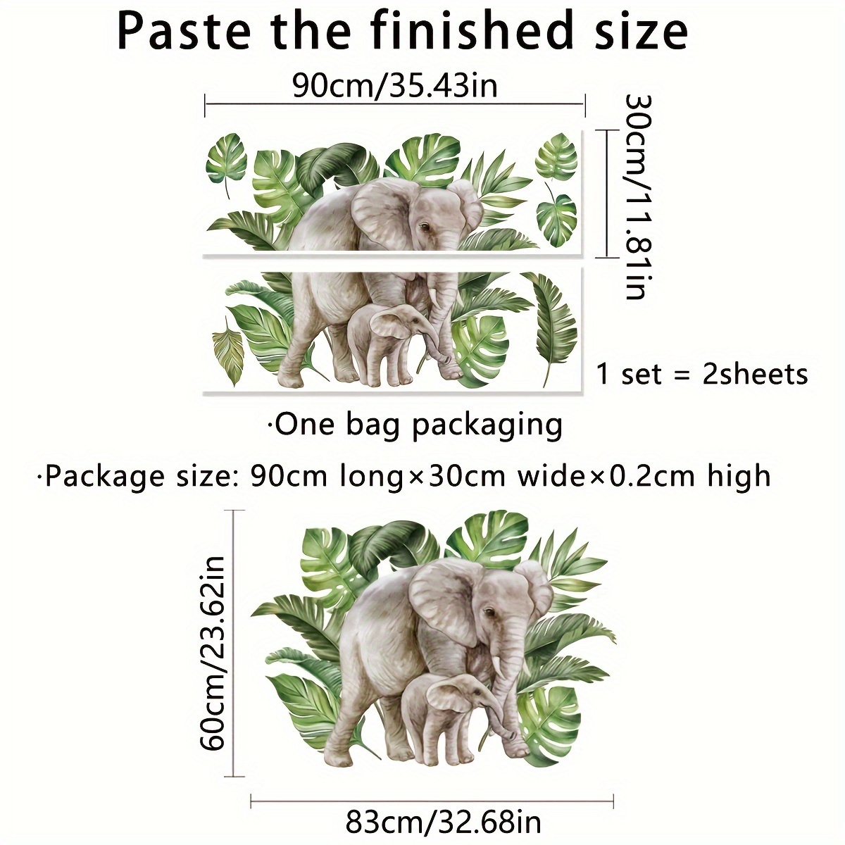 Image of A Set Of 2 Pieces Of 30*90cm Self-adhesive Elephant And Leaf 2d Wall Stickers For Home Background Decoration, Wall Stickers Bm2038-kq.