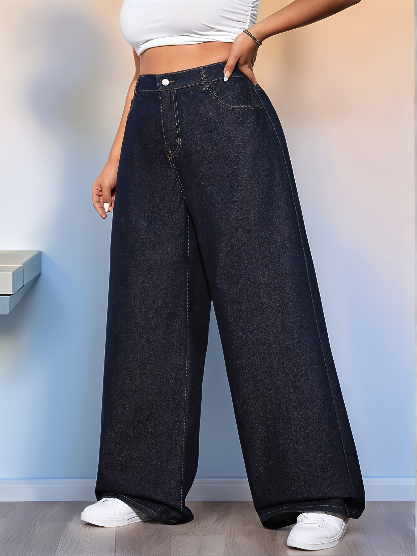 Pantalon Large Femme Jean Taille Élastique Vintage - Palazzo Ample Confortable Taille Haute Été Décontracté