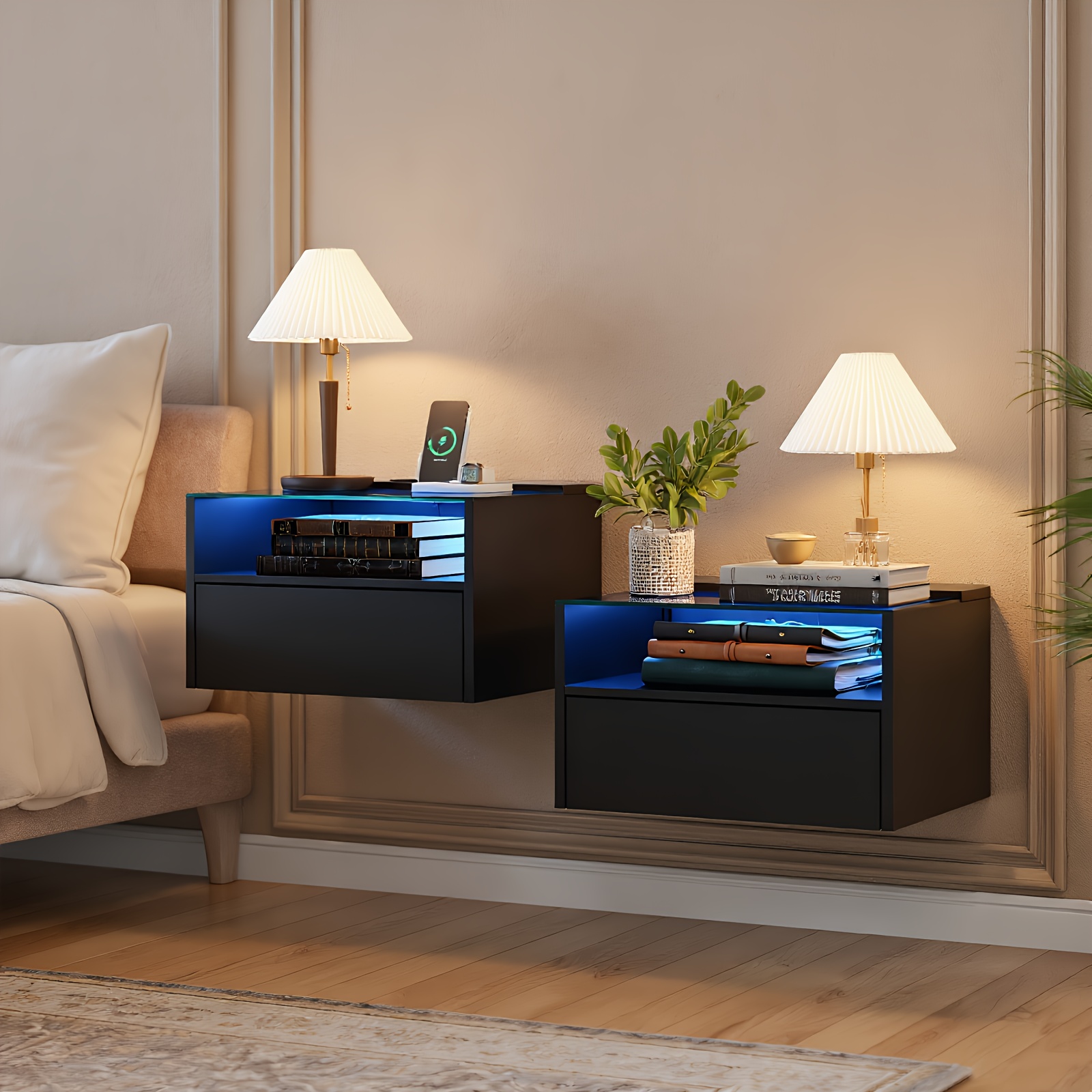 floating wall mounted nightstand with drawer led light usb charging space saving bedside table black white