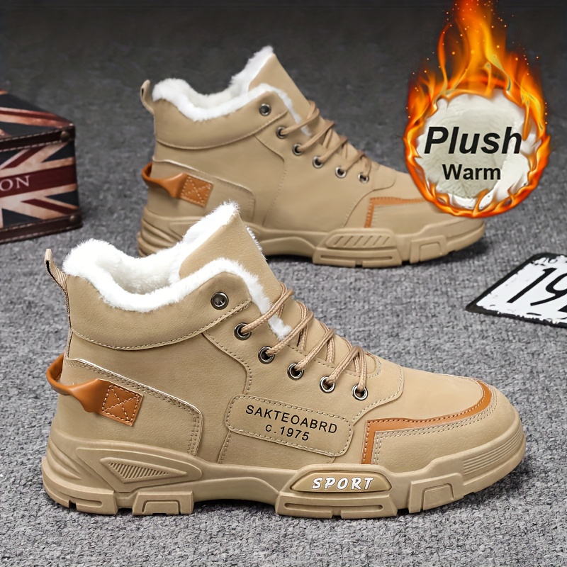 mens winter snow footwear featuring a sporty and casual high top lace   round toe shape   pu upper thick plush lining slip resistant and durable ideal for   sports comfortable and stylish