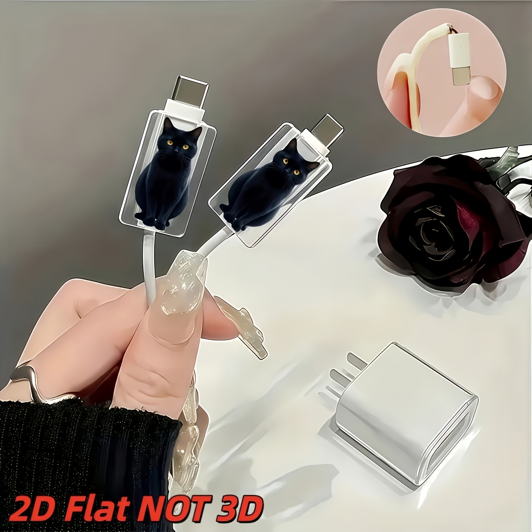[2d Flat] 2pcs Black Cat Cable Protectors, Anti-break, Type-c Phone Data Cable Protector, Aesthetic And Durable
