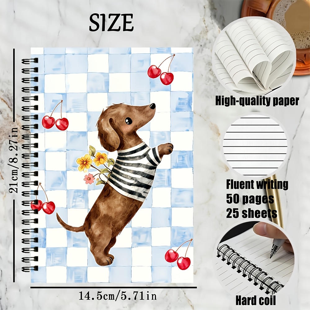 TEMU A5 1 Cute Spiral-bound Notebook Featuring A Dachshund And Cherry Theme; Includes 25sheets (50 Pages) Of Lined Paper And A Checkerboard-patterned