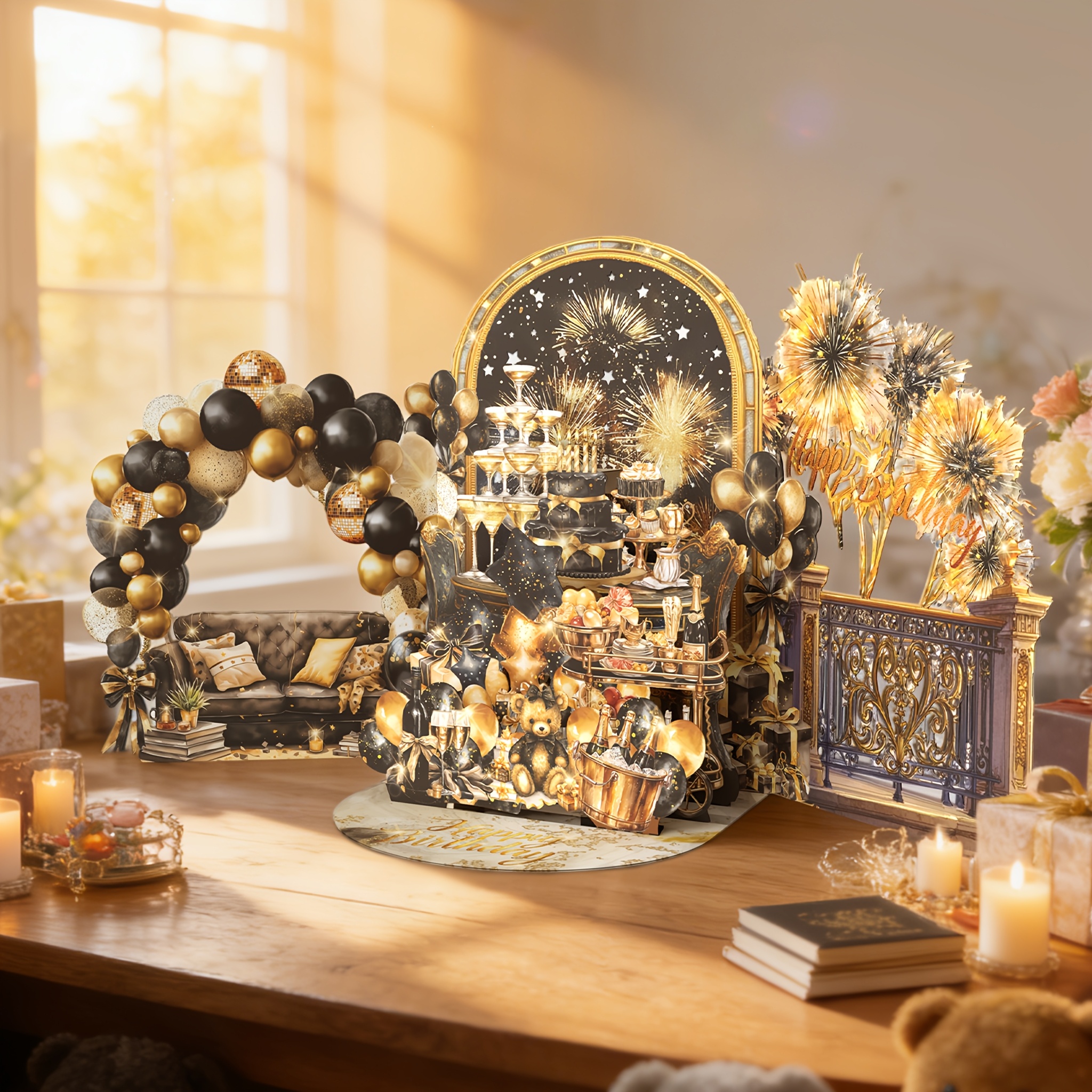 E-shop 3D Pop-Up Geburtstagskarte mit Umschlag, Schwarzer Goldener Ballon, Kuchen und Champagner, , Geburtstagsgeschenk, Party Einladung, Vatertag,