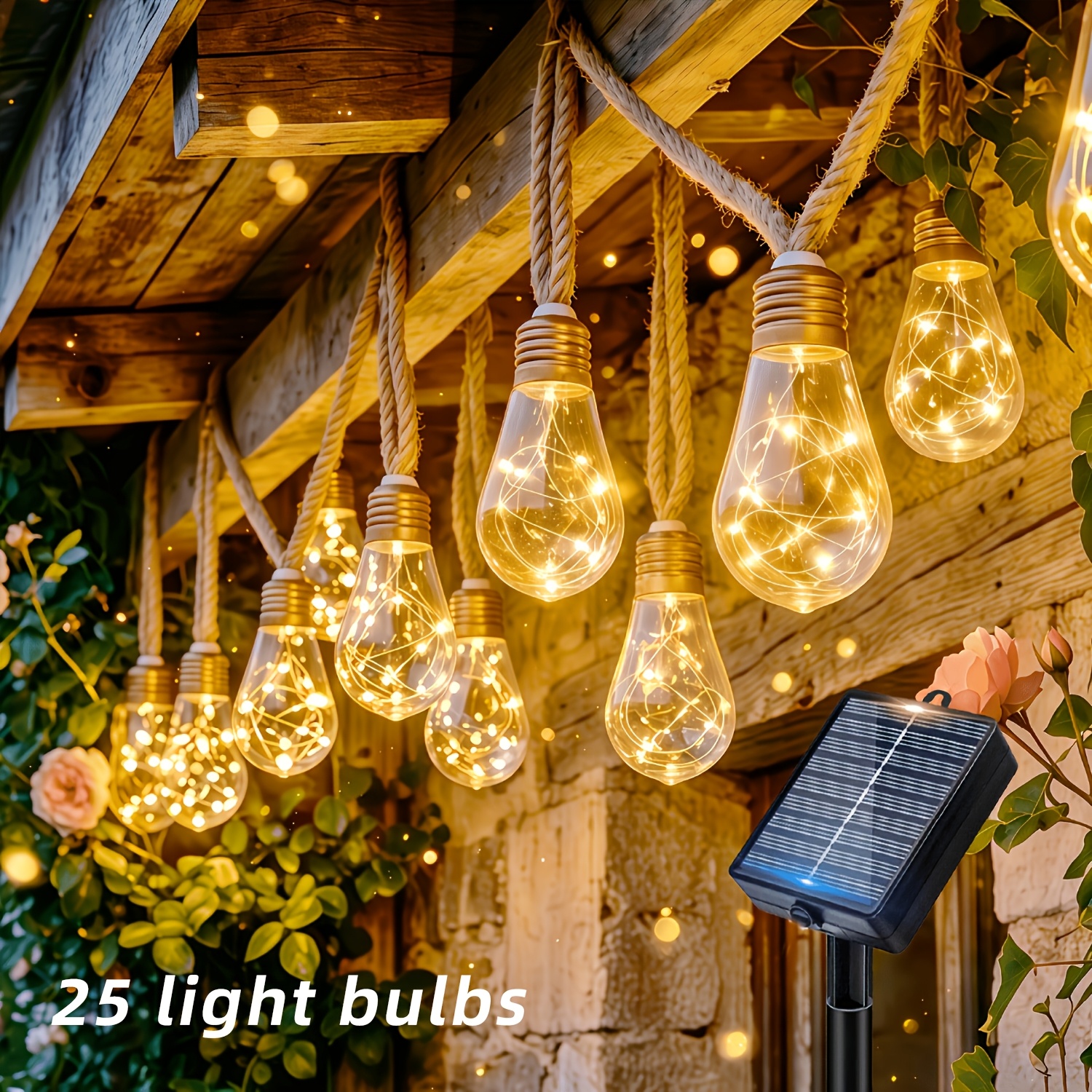 TEMU Vintage Bulb Solar Landscape Hanging String Lights, 1 Pack 25/10 Bulbs Patio Decor Fairy Lights. Warm White Light With Flexible Hanging