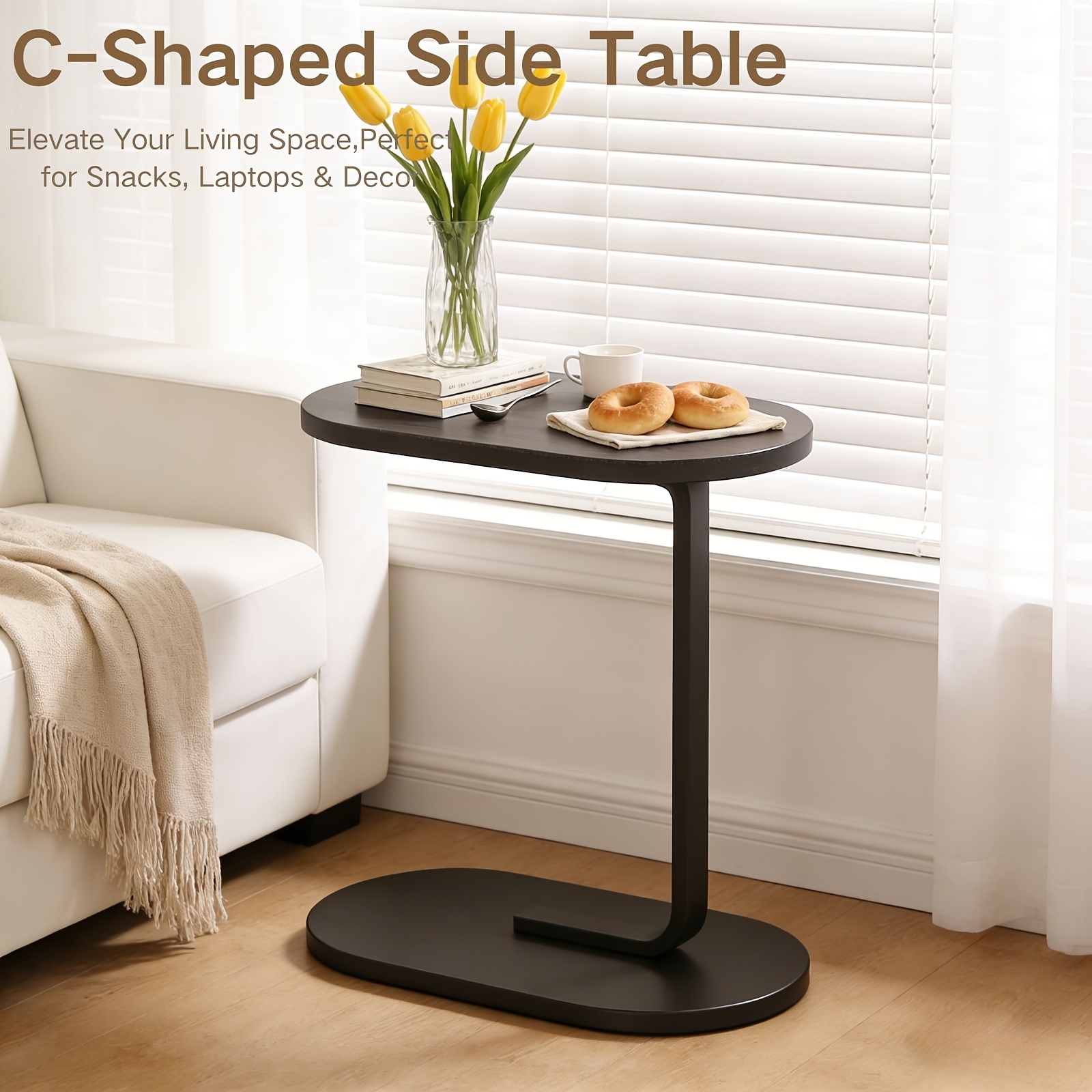 item picture modern c shaped side table suitable for home office bedroom space saving slide under sofa bed table with sturdy metal frame density board top easy assembly compact for small spaces multi use  