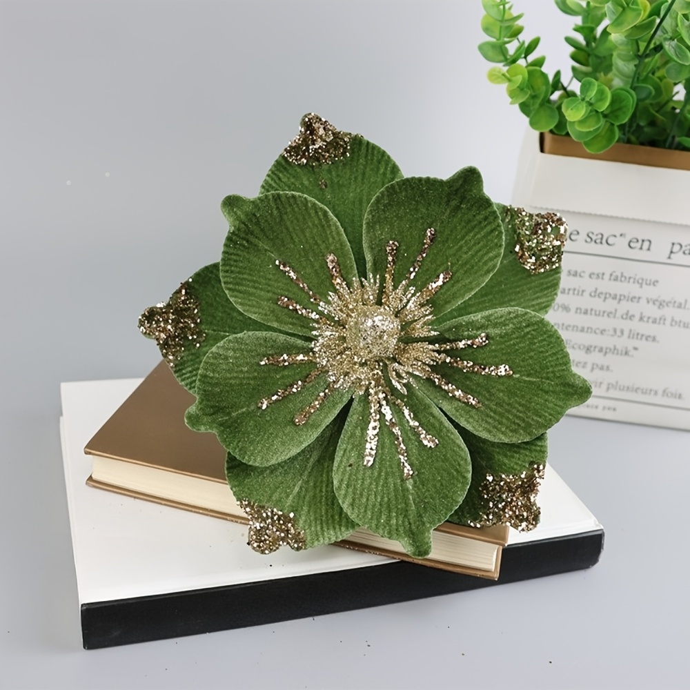 TEMU 5pcs Fleurs Décoratives de Noël, Orchidées Artificielles en Jade Pailleté pour Arbre, Couronne, Centre de Table & Décoration de Fête - Piquets