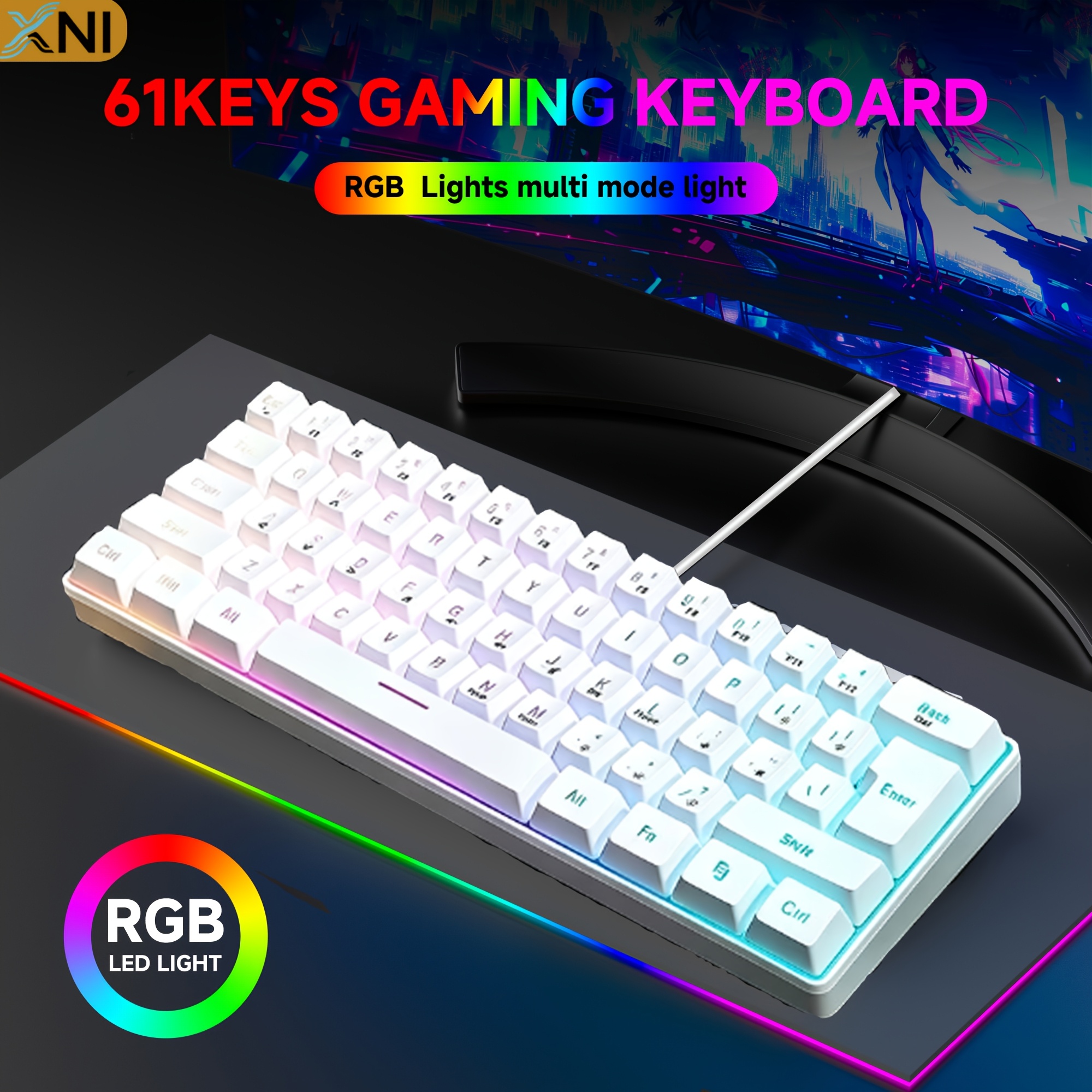 TEMU Xni Wired Keyboard, 61 Keys - , Suitable For Office And Gaming , And Design, Gaming Keyboard, Fashionable Keyboard, High-quality Keys