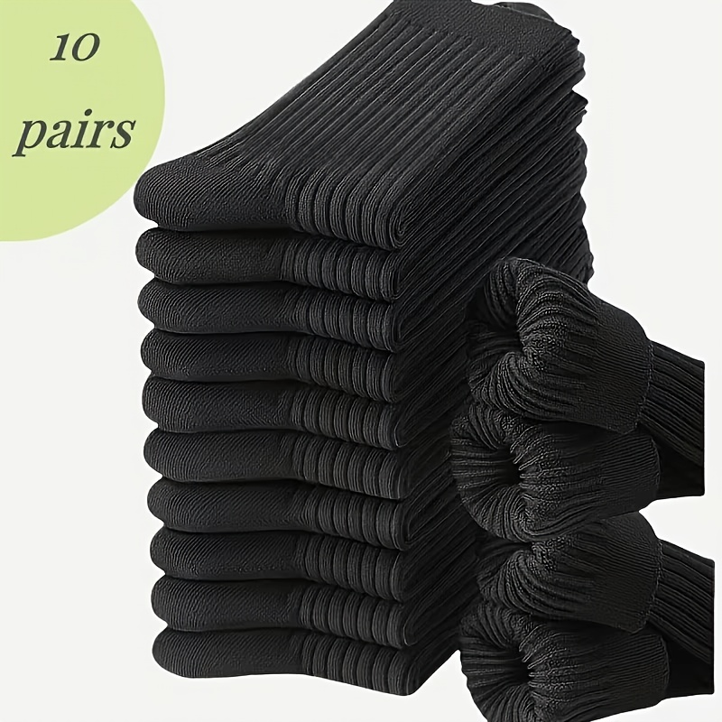 TEMU 10-pair Men' Black Vertical Ribbed Mid-tube Socks, Simple , Wear-resistant For , Suitable For Daily Commuting And Sports Wear