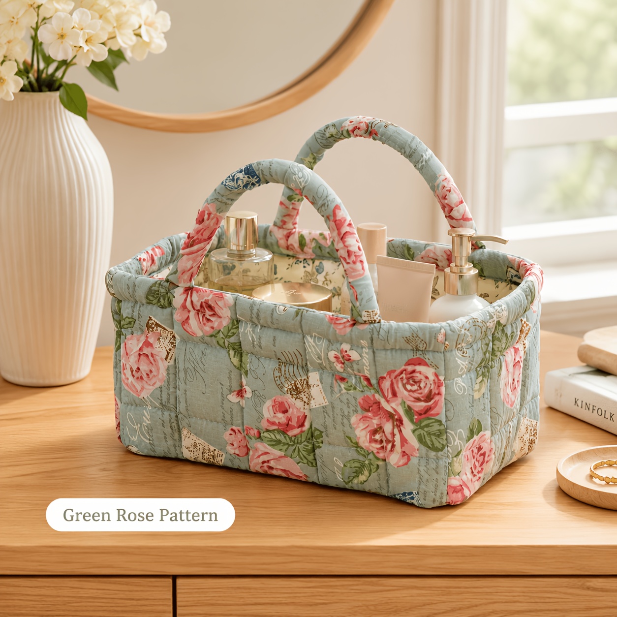 TEMU Floral Fabric Storage Basket With Handle, Quilted Organizer, Suitable For Bedroom, Bathroom, Closet, And Shelf, Portable Clothing And Cosmetic