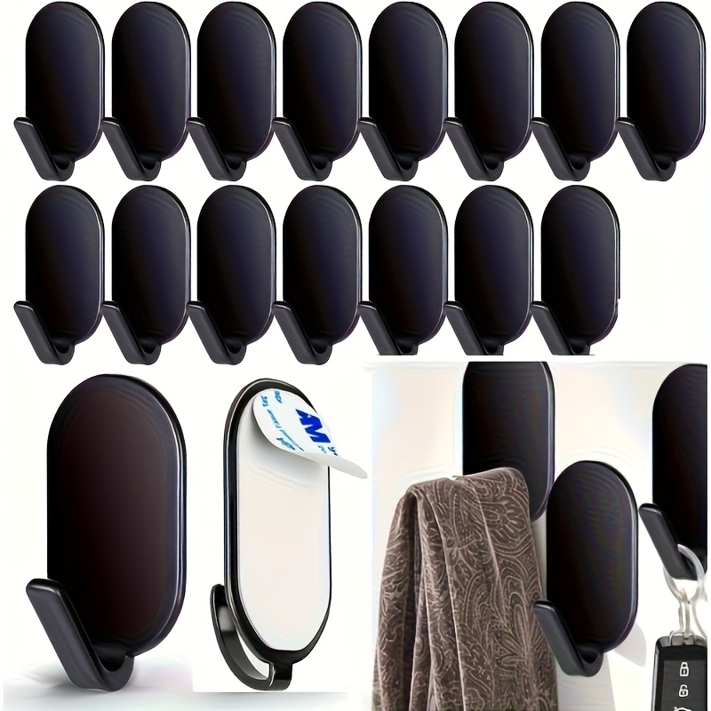 Image of 15pcs Heavy Duty Stainless Steel Wall Hooks - Black Adhesive Mount For Hats, Coats, Pictures, Backpacks & Tools - , Contemporary Style For Home, Kitchen, Garage, Utility Hooks
