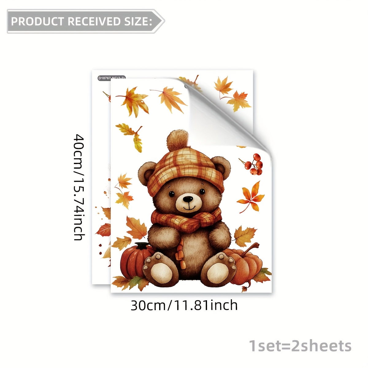 Autumn Maple Leaf Bear Static Cling Window Glass Decoration Set Of 2, D18767-nc