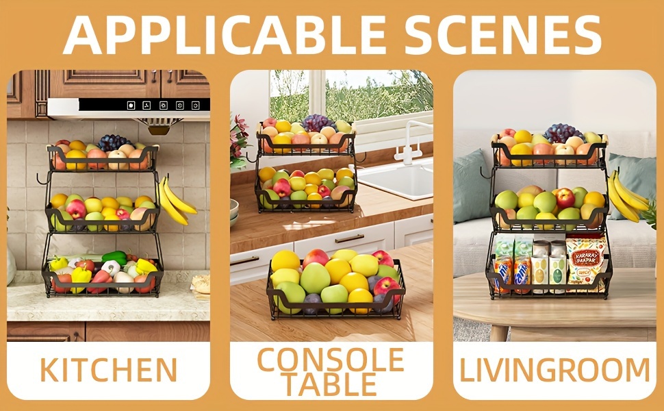 2 tier countertop fruit basket with 2 banana hangers for kitchen detachable metal organizer for bread vegetable fruits with wooden handle large capacity rectangular storage stand bowls black Product details 3