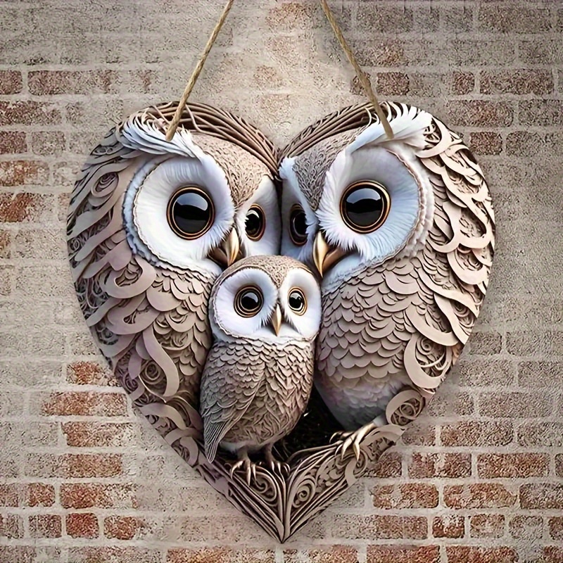 

Classic Woodland Owl Family Heart-shaped Hanging Ornament - Animal Theme Wood Craft For Home, Farmhouse & Door Wall Decor, Birthday Occasion, 8x8 Inches