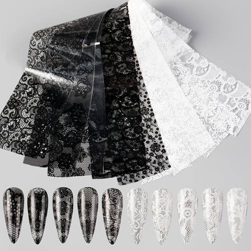 10pcs elegant black white lace flowers nail transfer foils stickers black and white lace small floral borders korean design diy art decoration manicure supplies