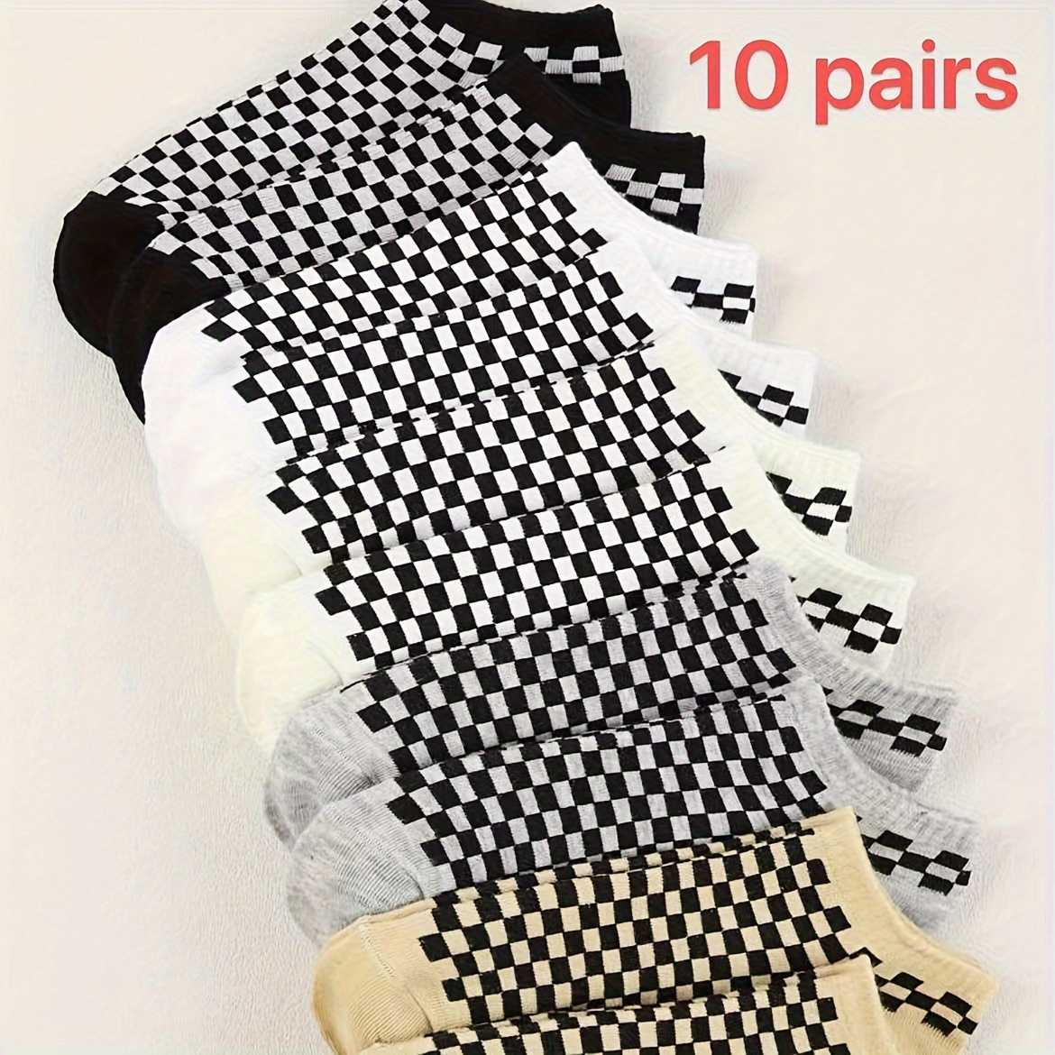 

5/10 Pairs Checkerboard Print Socks, Stylish & Breathable Ankle Socks, Women's Stockings & Hosiery