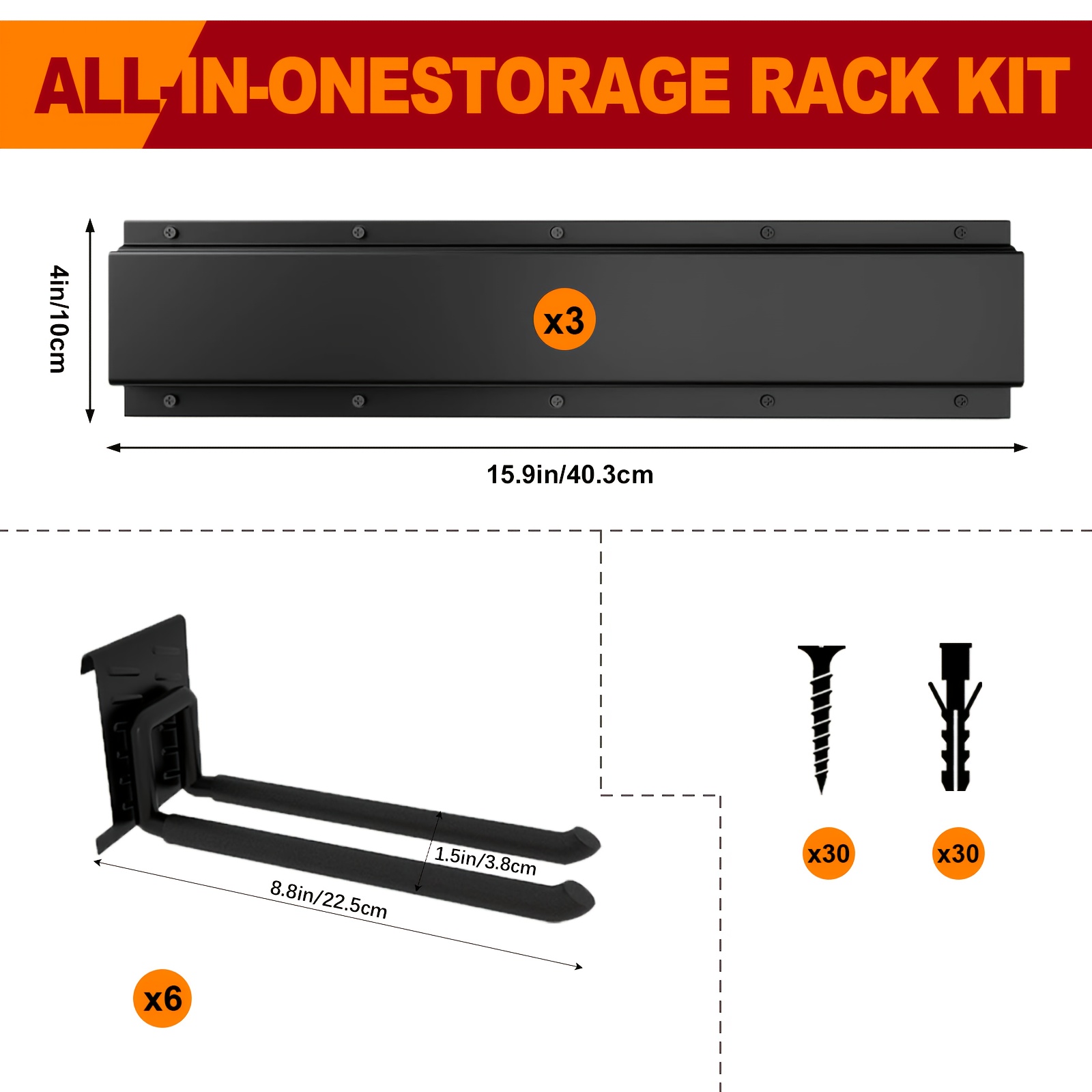 TEMU Heavy-duty Adjustable Wall-mounted Tool Storage - 64-inch Wide Garage & Garden Tool Organizer With 4 Rails & 8 Hooks, 500lb Capacity, ,