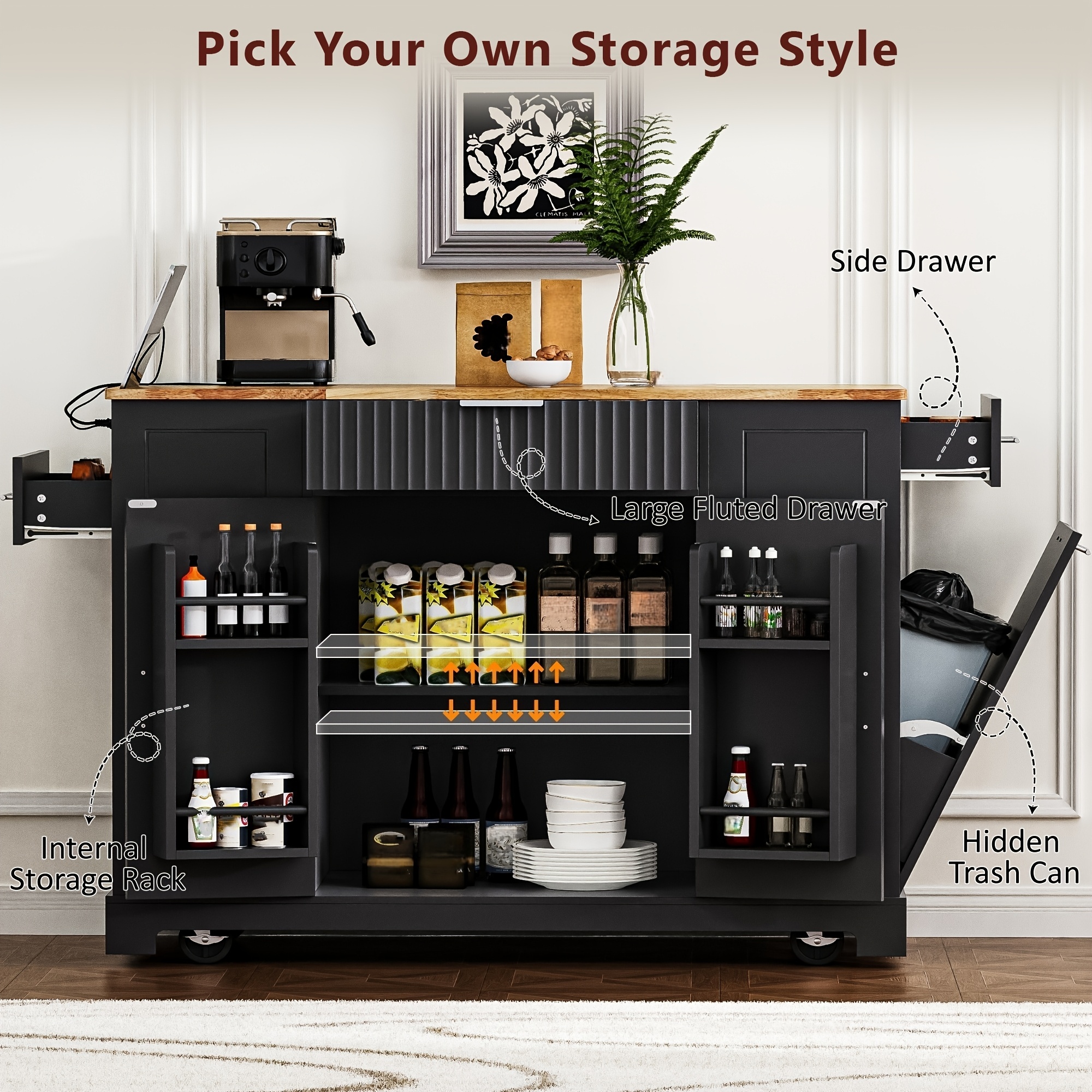 * Fluted Kitchen Island with Trash Can Storage Cabinet, Power Outlet, Internal Rack, Rolling * Wheels, 3 Drawers, 3 * Racks for 10 Gal