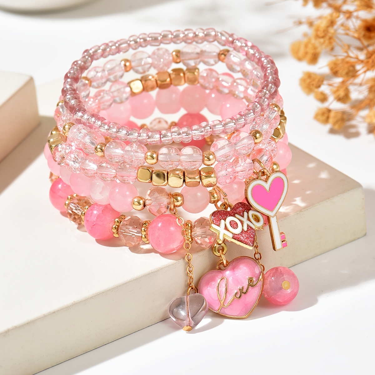 Image of 1 Set 5pcs Bohemian Sweet Temperament Pink Heart Love Key Pendant Bracelet Set, Vintage Niche -match Premium Handmade Bead Stackable Bracelet