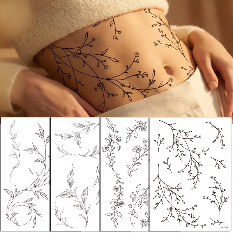 Image of Set Of 4 Black Floral Temporary Tattoos That Are Waterproof And Feature Realistic Designs Of Branches, Leaves, And Vines. Perfect For Spring And Summer Events, Tattoos For Parties And Music Festivals