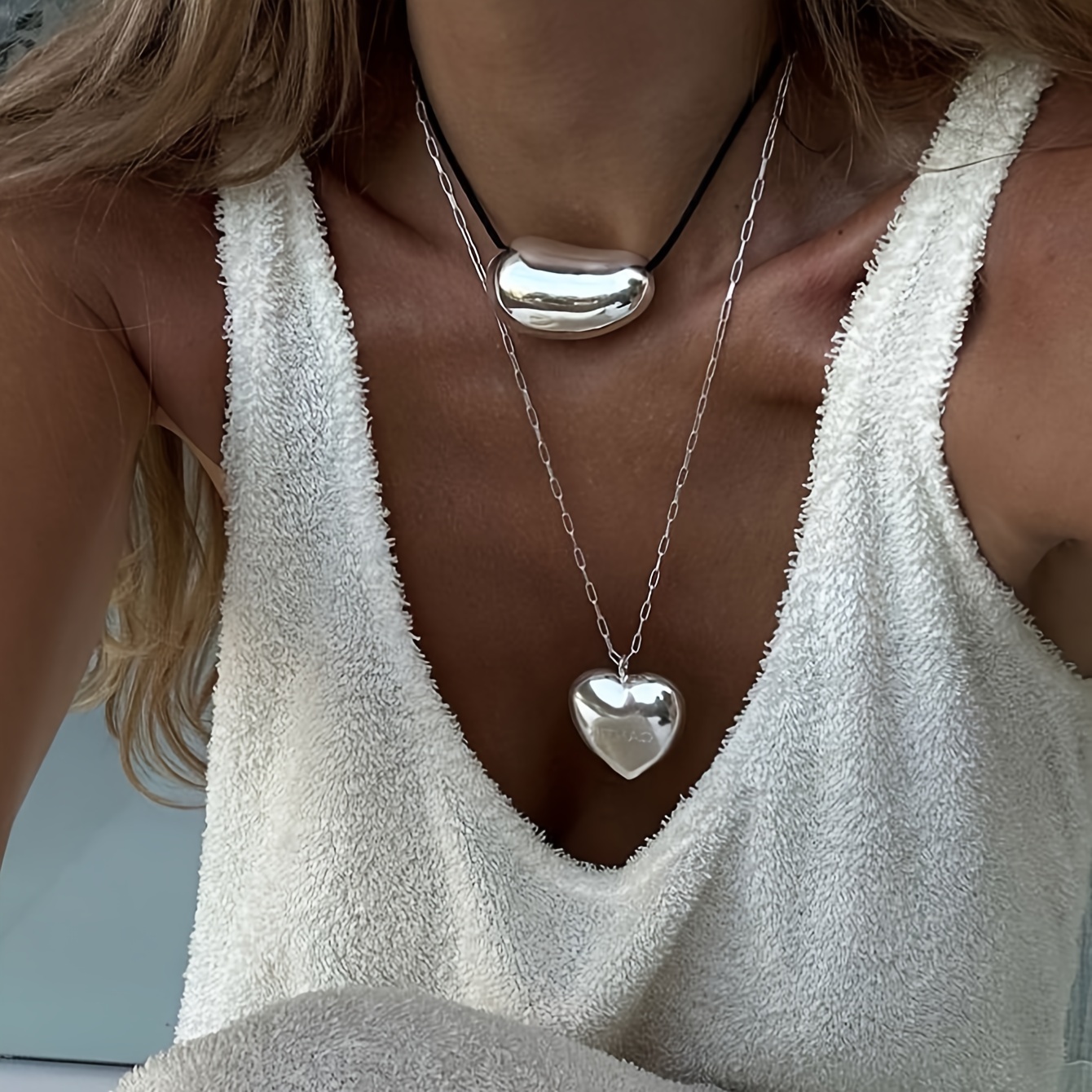 

Bohemian Style Stainless Steel Heart Pendant Necklace Set - Perfect For Parties And Festivals