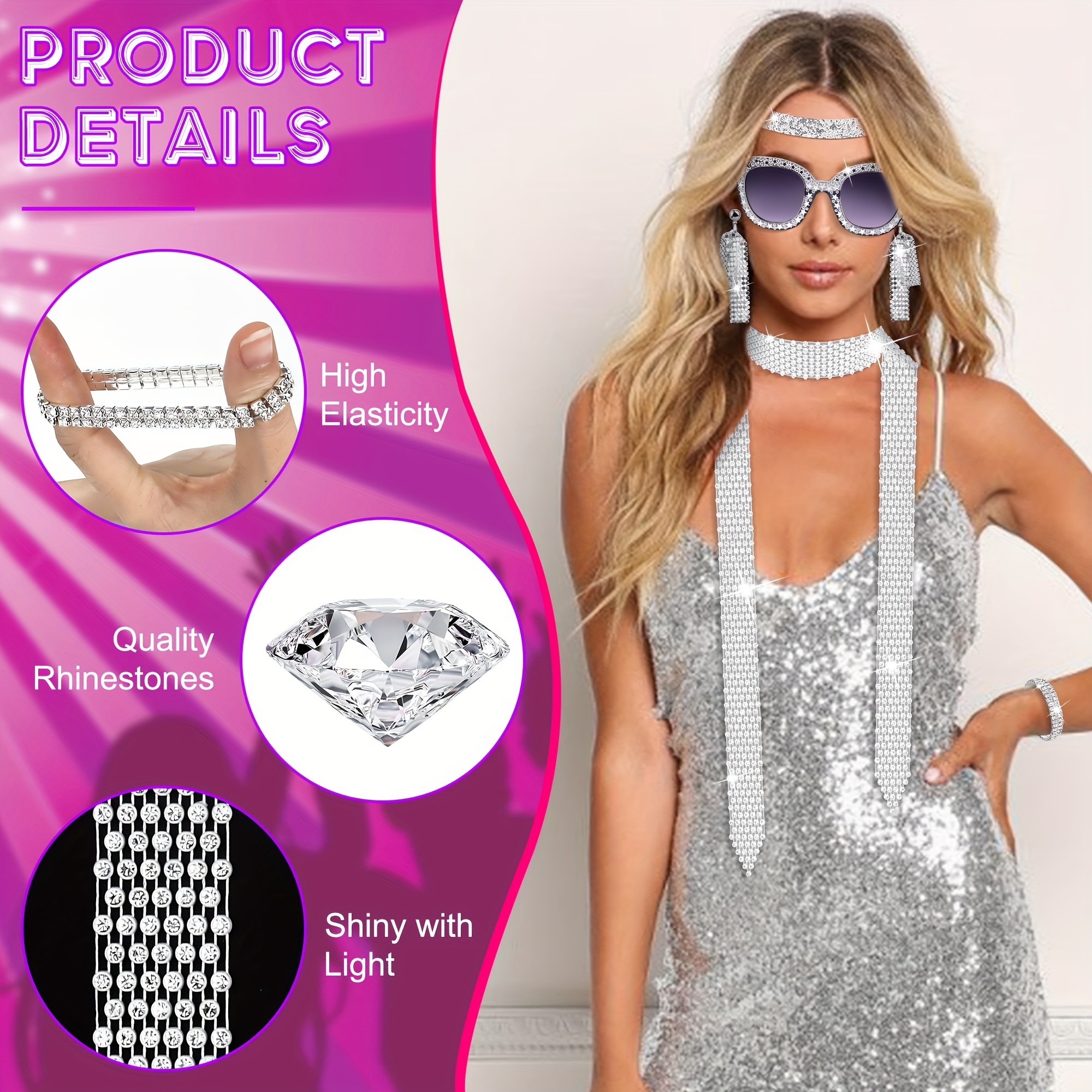 HEAWAA Costume Disco Années 70 - 7 Accessoires (Lunettes, Bandeau, Collier...) Pour Fête Déguisée - Femme