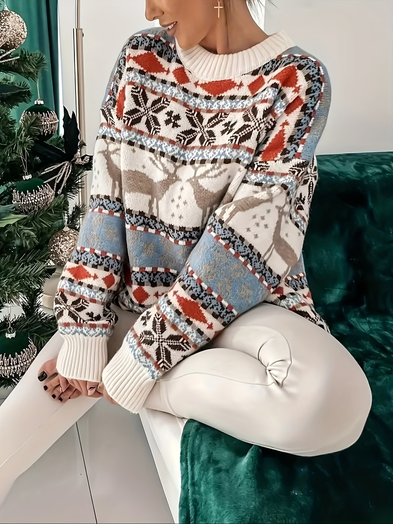 extra large christmas sweater women casual acrylic knit Temu