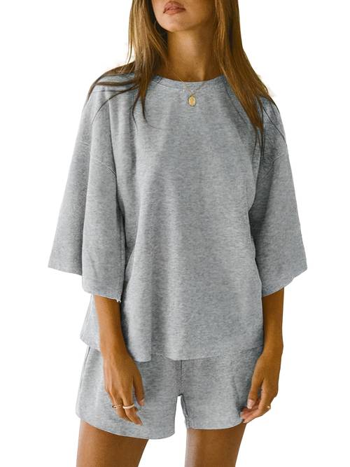womens 2pcs set with 3 4 sleeve top and elastic waist shorts casual suit