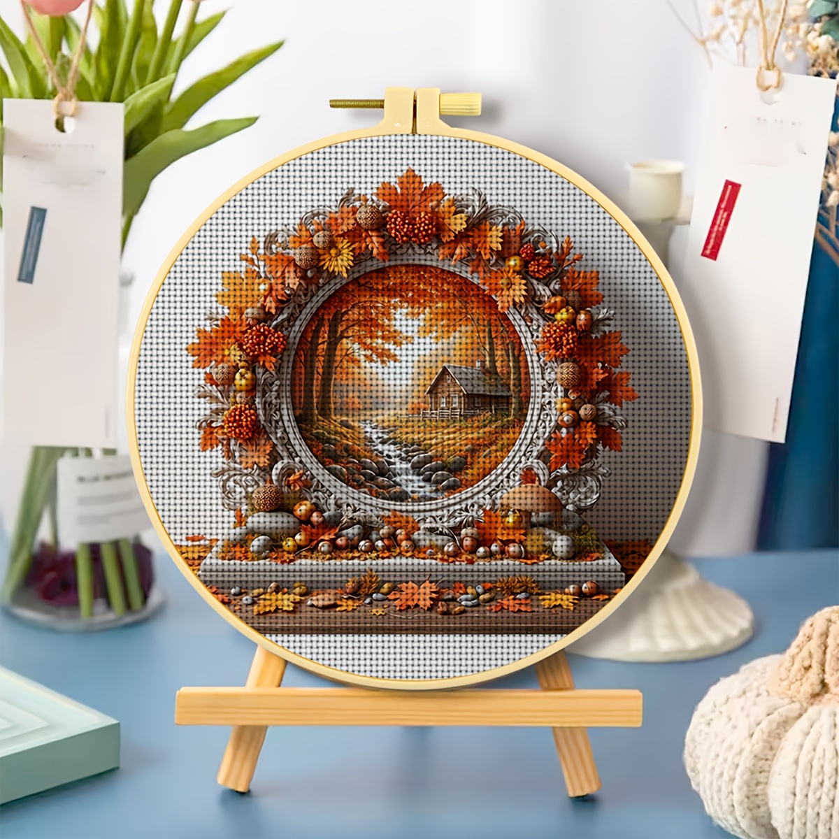 Round Cross Stitch Printed Kit with Hoop, Autumn Scenery Design