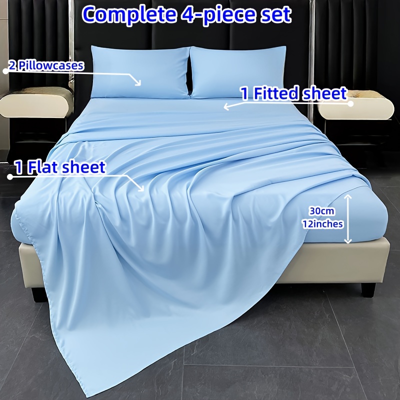 Golden Textiles 4-Piece Queen Sheet Set – Fitted, Flat, And 2 Pillow Cases – Solid Blue Microfiber