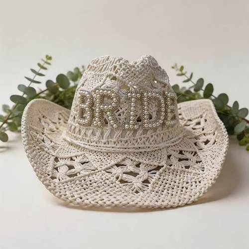 bride cowboy hat white crocheted straw cowgirl sun hat with bride letters decoration breathable western wedding hat suitable for bachelorette party beach wedding bridal shower accessories for women