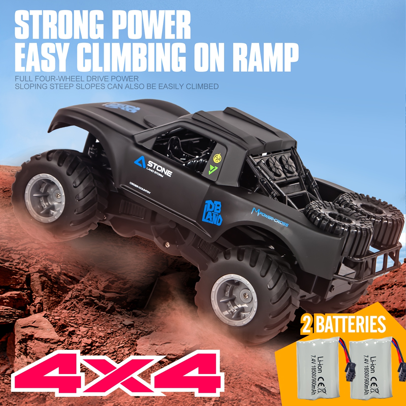 Remote Control Cars For Boys, Rc Truck 4x4, 1:16 Scale, Off-Road Truck With Two Rechargeable Batteries, High Speed Vehicle.