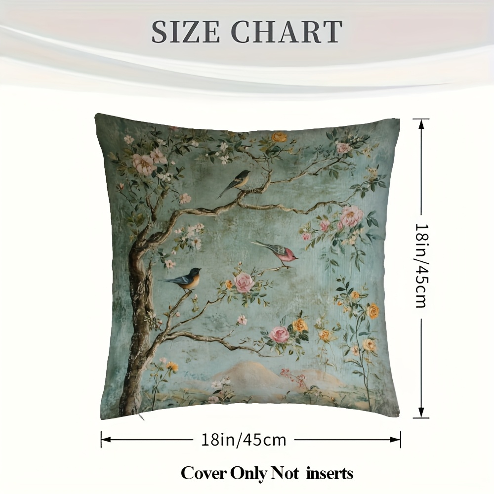 1 double sided vintage chinese floral and bird print pillowcase 18x18 inches soft plush polyester   design with roses on branches and birds suitable for sofa couch bedroom or car decorative cushion cover 2pcs 18 18 inch Product details 2