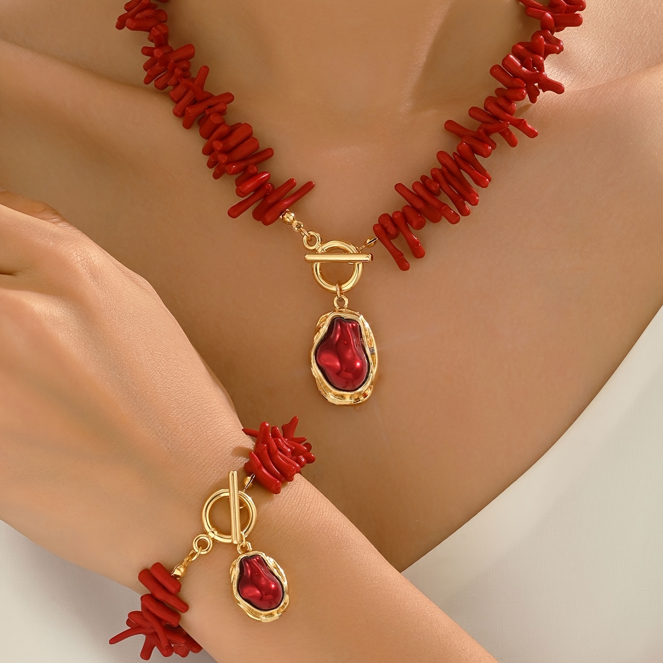 TEMU 2pcs Vintage Fashion Red Baroque Pendant Coral Necklace Elegant Style Women's Versatile Winter Jewelry Set