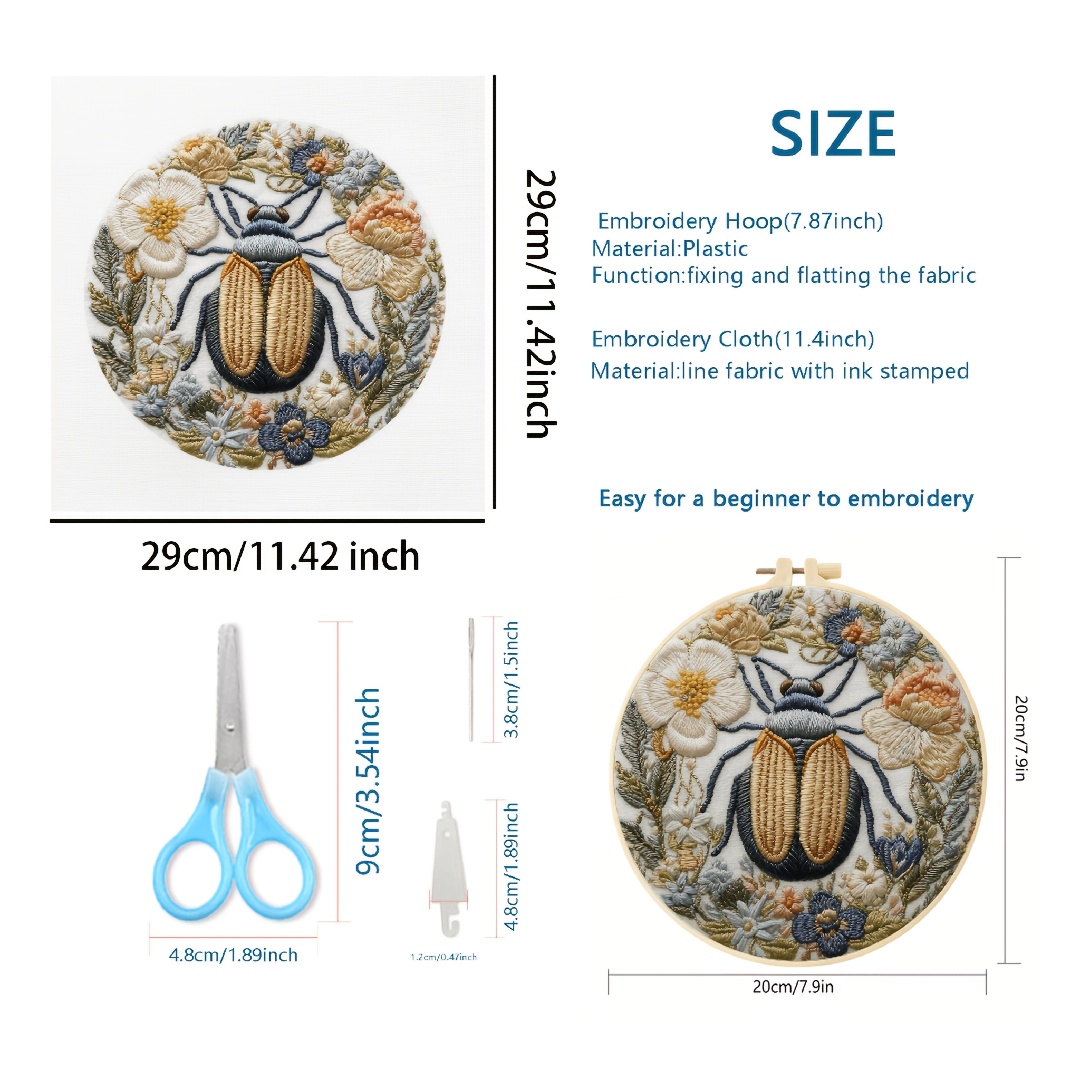 Beetle Floral Pattern Hand Embroidery Starter Kit