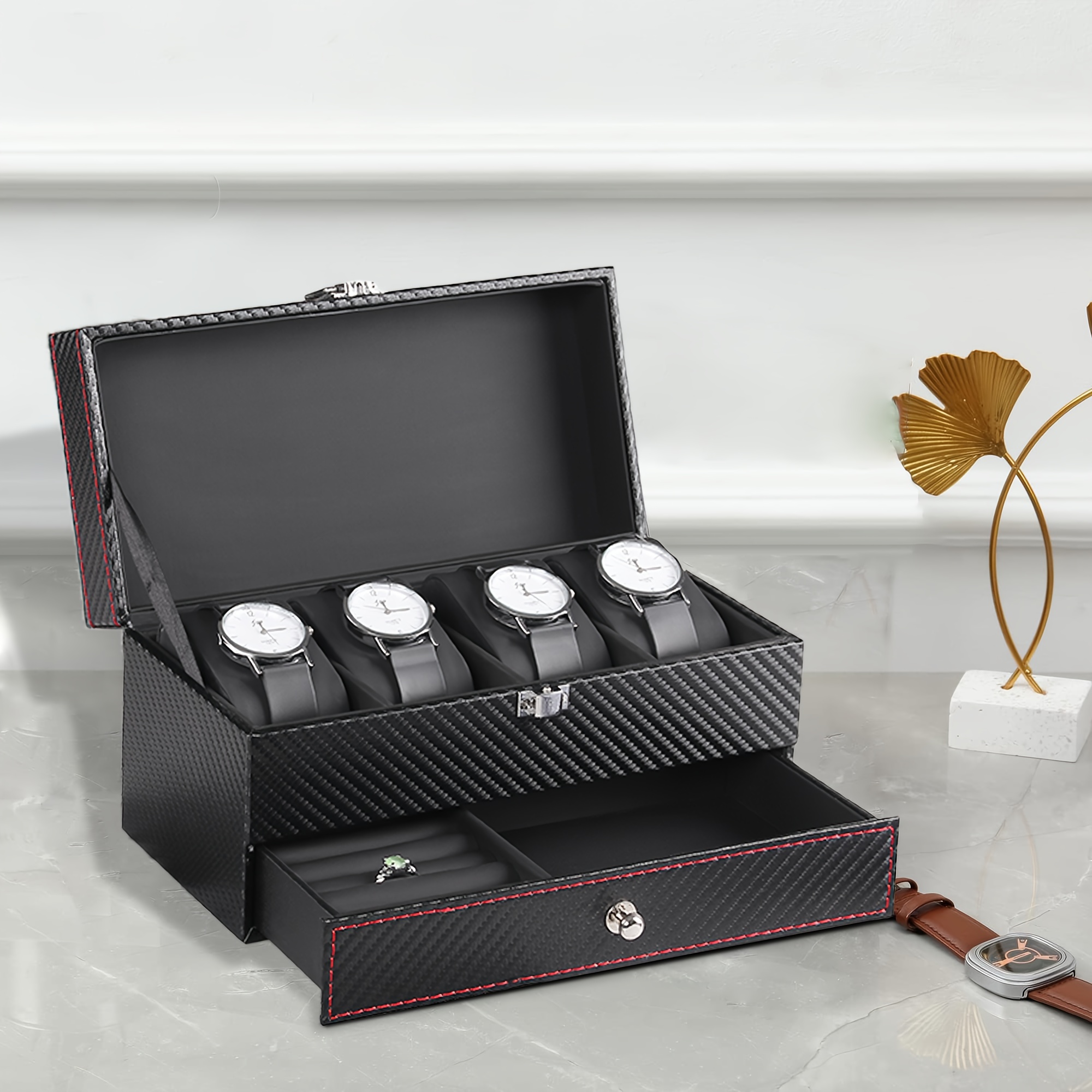 Porta Relojes Caja Para Relojes Con Ranuras Y Cajón Para Joyas