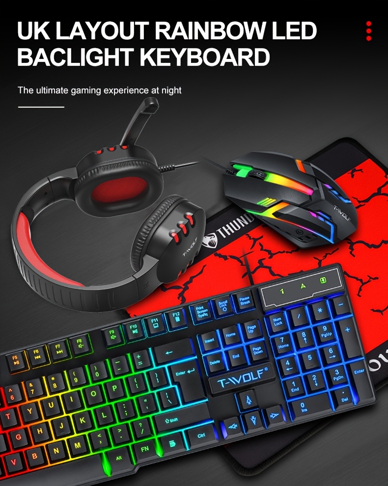 T-WOLF TF800 Four-piece Gaming Combo 104 Keys Keyboard 4-color Breathing Light Mouse 3.5mm Gaming Headset Anti-slip Mouse Pad