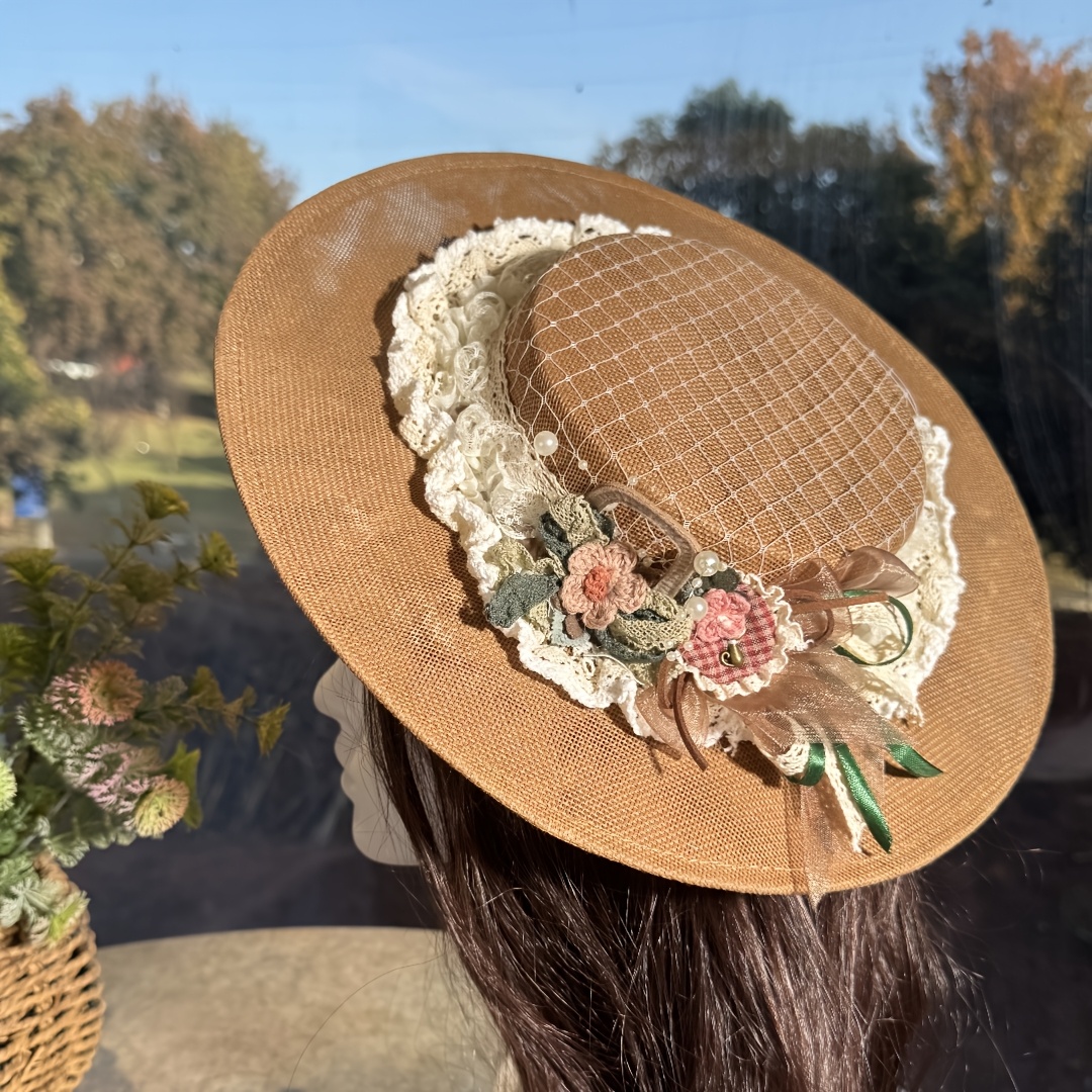 lace floral womens flat top straw hat lolita style handmade  display picture 2
