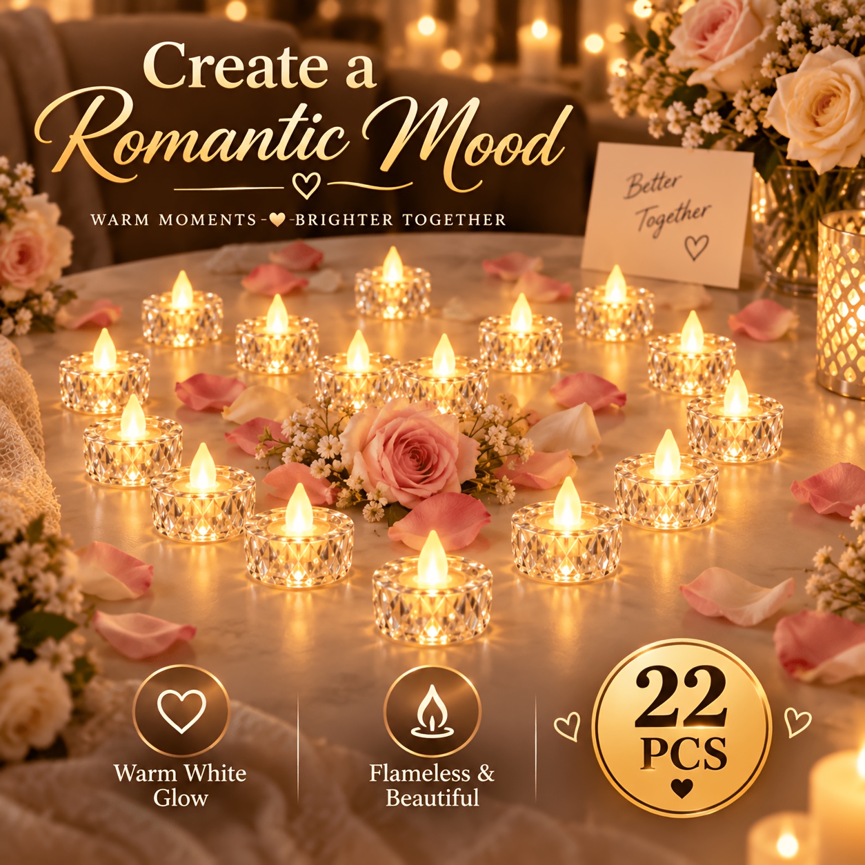 TEMU 22pcs Crystal-style Led Mini Tea Candles, Featuring Realistic And Flickering Flame Effects, Elegant Multi-sided Cutting Design, And Lasting